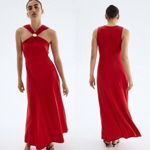 H&M Women Size S Red Halter Neck Maxi Dress Gold Ring Accent Holiday Jersey